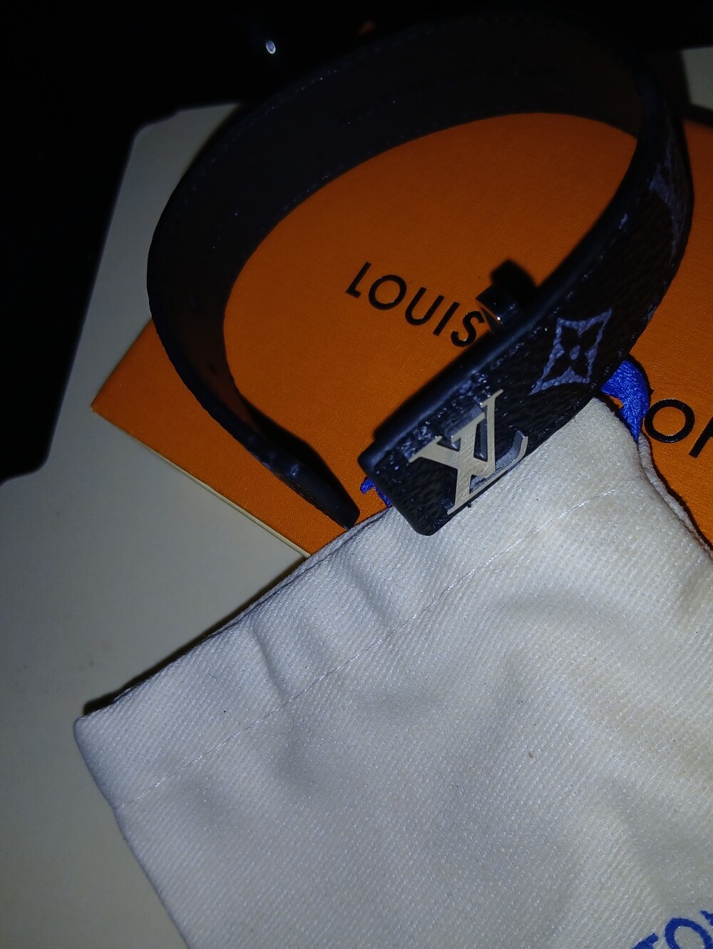 Louis Vuitton Black Monogram Canvas Men's Bracelet with Silver LV Accent